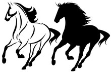 Running Horse Black And White Vector Outline Design And Silhouette