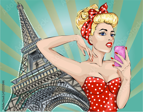 Naklejka dekoracyjna Pin-up sexy woman takes pictures on camera near Eiffel Tower in Paris.