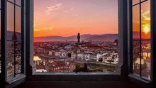 Florence Skyline Seen From An Open Window Aerial Day To Night Timelapse At The Sunset To Night City Lighting Up  Panorama From Piazzale Michelangelo 4k