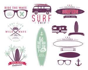 Wall Mural - Set of Vintage Surfing Graphics and Emblems for web design or prints. Surfer, beach style logo design. Surf Badge. Surfboard seal, elements, symbols. Summer insignias. Vector hipster pastel colors.