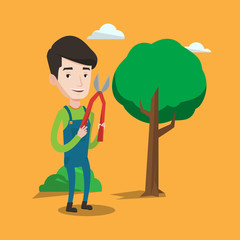 Sticker - Farmer with pruner in garden vector illustration.