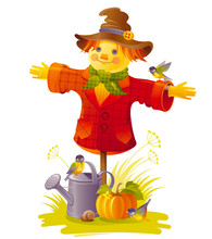 Autumn Scarecrow Vector Illustration On White Background With Gardening Elements - Beautiful Fall Pumpkin Vegetable, Watering Can, Tit Birds, Snail. Seasonal Natural Concept Template, Text Lettering