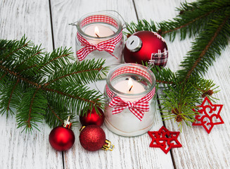  christmas decorations candles in glass jars with fir