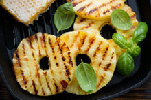 Closeup Of Grilled Pineapple Slices With Honey, Above View