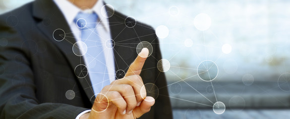 Aufkleber - Businessman touching digital data network in his hand 3D renderi
