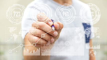 Aufkleber - Businessman using digital graph interface with a pen ‘3D rende
