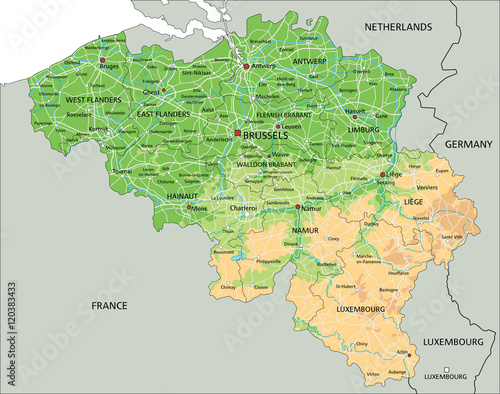 Fotomural High detailed Belgium physical map with labeling.