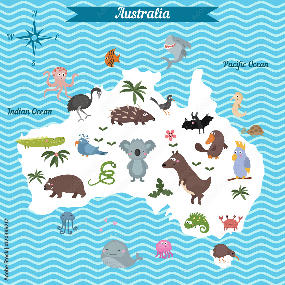 Cartoon map of Australia continent with different animals. Stock Vector ...