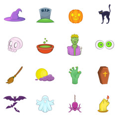 Sticker - Halloween icons set in cartoon style. Halloween holiday elements set collection vector illustration