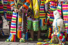 Peruvian Dancers At The Parade In Cusco. People In Traditional Clothes.