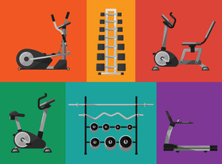 Wall Mural - Vector illustration of gym sports equipment icons set. Treadmill, elliptical cross trainer, exercise bikes, stands with dumbbells and barbells on color background. Sport lifestyle. Bodybuilding signs