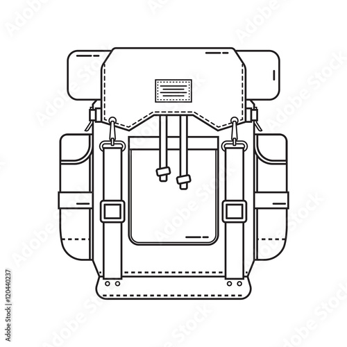 Retro hiking backpack in thin line design. Tourist rucksack with
