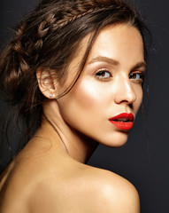 portrait of beautiful woman model with fresh daily makeup and red lips and healthy skin