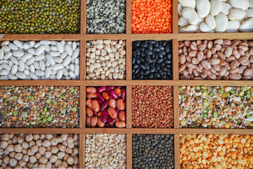 Collection assorted of lentils, beans, peas, grain, groats, soyb