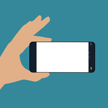 Human Hand Holding The Phone Horizontally . Black Phone , Vector