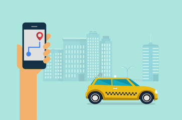 Poster - Phone with interface taxi on a screen on a background the city. Mobile app for booking service. Flat vector illustration for business, info graphic, banner, presentations.