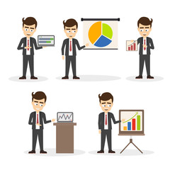 Wall Mural - Businessman presentation set. Smiling handsome businessman with infographics and charts. Professional office worker.