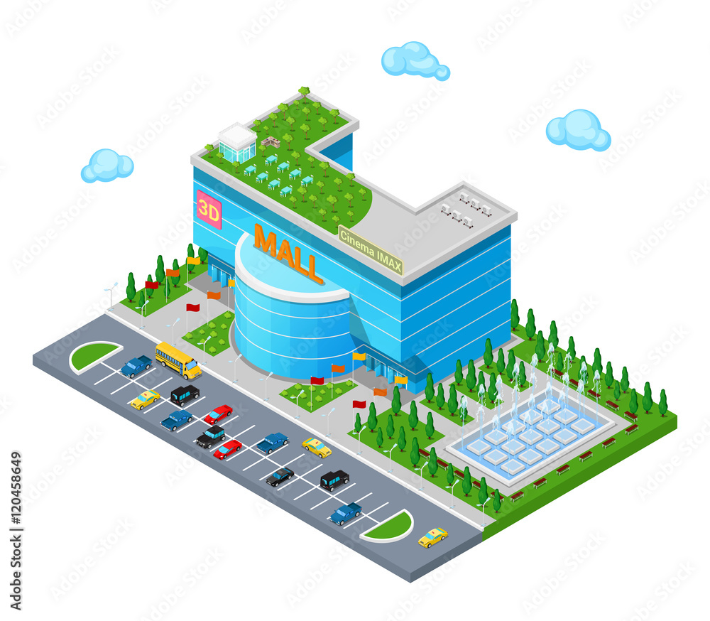 Isometric Shopping Mall Building with 3D Imax Cinema Park and Fountain ...