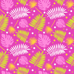  Palm leaves seamless pattern background. Tropical greeting card.
