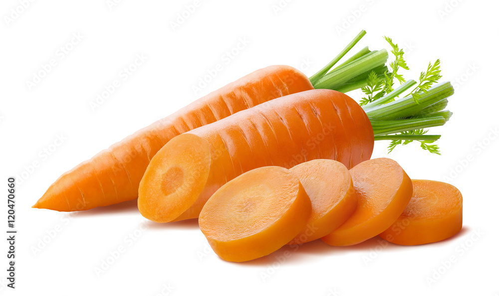 Obraz na płótnie Fresh carrot and cut pieces isolated on white background as package design element w salonie