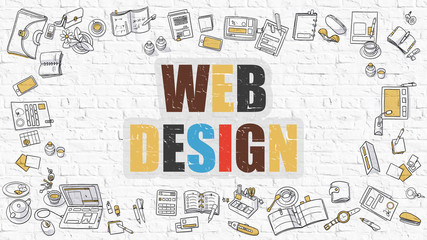Wall Mural - Multicolor Web Design on White Brickwall. Doodle Style.