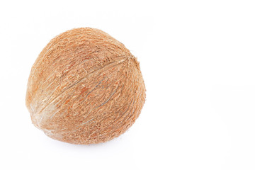 Closeup brown coconut shell on a white background, raw material