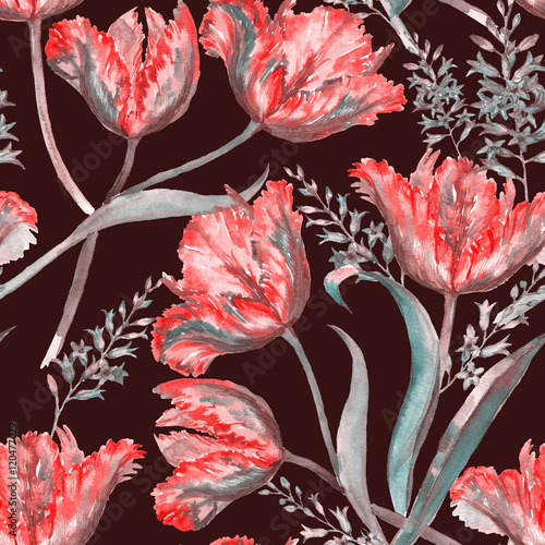 Fototapeta na wymiar Hand-drawn watercolor summer floral seamless pattern with vibrant red tulips and hyacinth. Fresh bright flowers in the beautiful repeated print for the textile, wallpapers, wrapping paper.