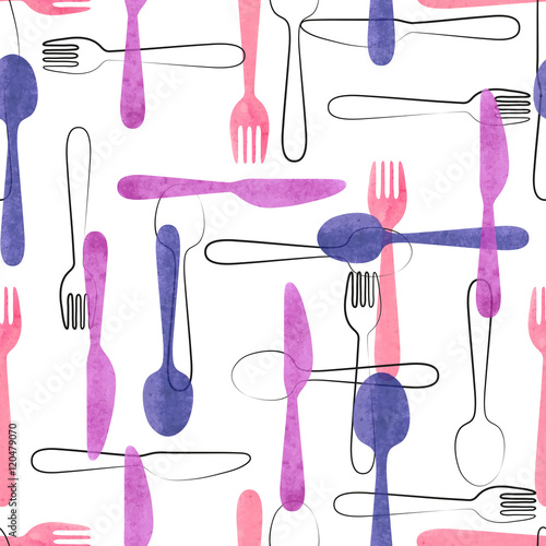 Obraz w ramie Watercolor cutlery seamless pattern in pink and purple colors. Vector background with spoons, forks and knives. 