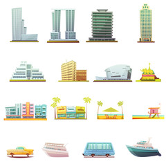 Poster - Miami Transportation Landscape Elements Icons Set 