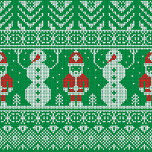 Merry Christmas And Happy New Year Ornament For Knitting. Knitted Seamless Pattern. Green Sweater With Embroidered Snowmen And Santa Claus.