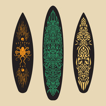 Vector Surf Graphics. Surfboards Decorated With Geometric Tribal, Ethnic Ornaments And Hand Drawn Octopus Illustration. Can Be Used In T-shirt, Apparel Designs.