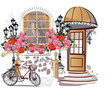 Series of backgrounds decorated with flowers, old town views and street cafes. Hand drawn Vector Illustration. 