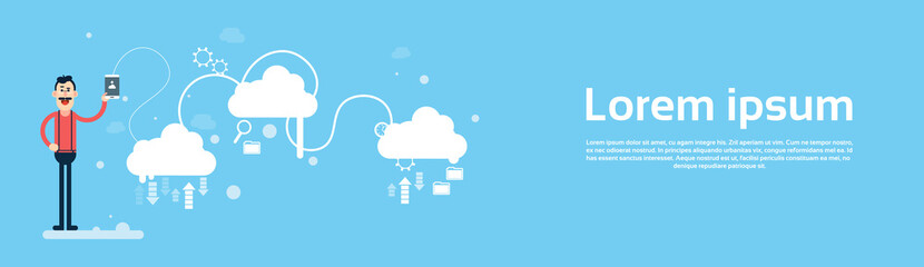 Wall Mural - business man hold tablet share data cloud computing technology banner