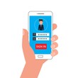 © chaliya - Hand holding smartphone. Sign in page on smartphone screen. Mobile phone with password login security protection. Mobile account. Cartoon Vector Illustration.