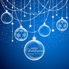 Wall Mural - Blue Christmas background with stars and transparent balls