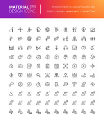 Material design people icons set. Thin line pixel perfect icons of business management, user action, social media. Premium quality icons for website and app design.