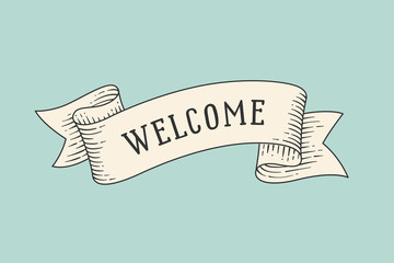 Wall Mural - greeting card with ribbon and word welcome. old ribbon banner in engraving style. old school hand dr