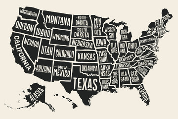 poster map of united states of america with state names. black and white print map of usa for t-shir