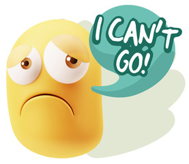 3d Rendering Sad Character Emoticon Expression saying I Can't Go