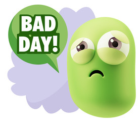 3d Rendering Sad Character Emoticon Expression saying Bad Day wi