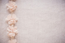 Flowers And Lace On Linen, Copy Space Toning Vintage Wedding Background