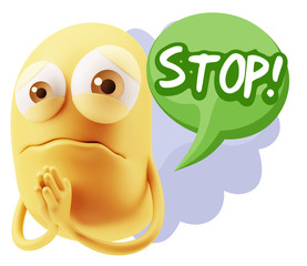 3d Rendering Sad Character Emoticon Expression saying Stop! with