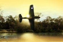 An Illustration Of A Classic Vintage World War 2 US Fighter Plane Speeding At Low Alititude Above A River In The Morning Sunlight. (Computer Art, Oil Style Illustration)