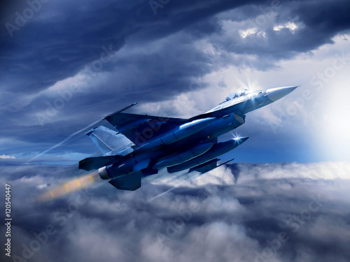 Fotografía An illustration of a modern 4th generation US fighter jet as soars through the clouds with empty weapons pylons