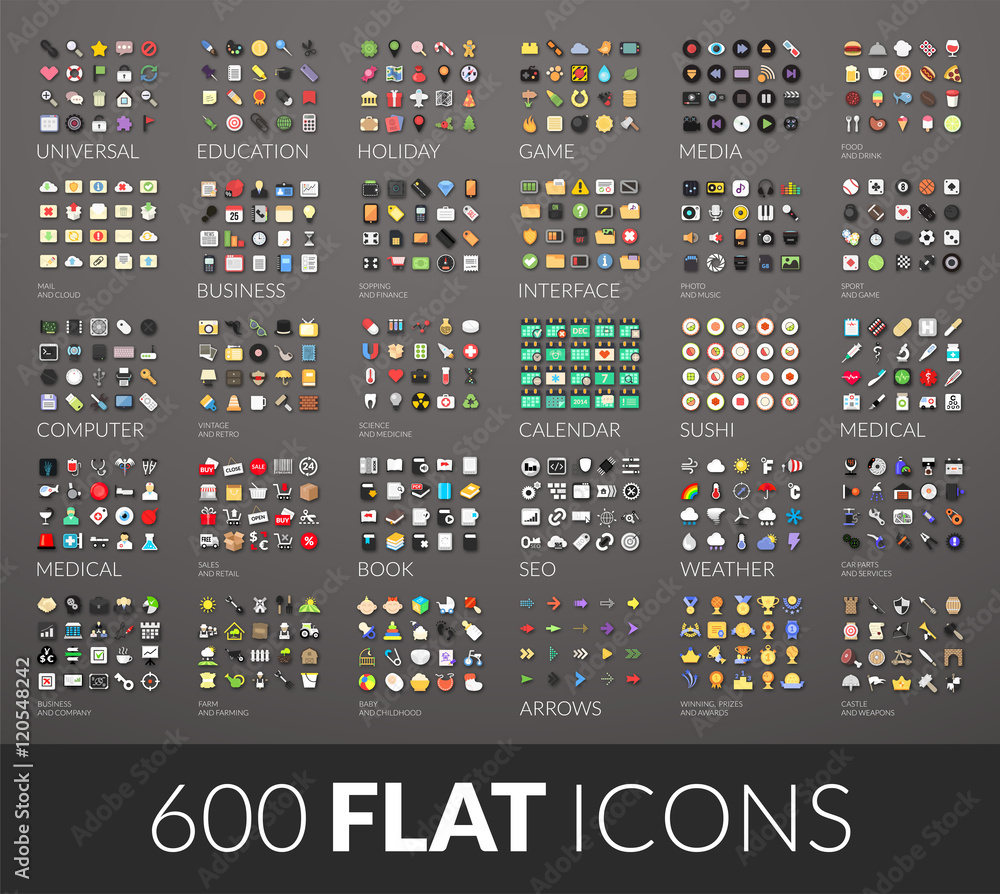 Large icons set, 600 vector pictogram of flat colored with shadows - obrazy, fototapety, plakaty 