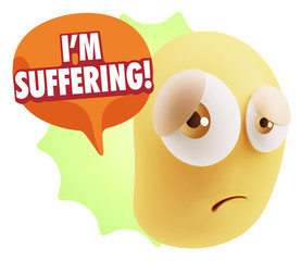 3d Rendering Sad Character Emoticon Expression saying I'm Suffer