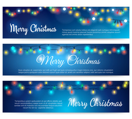 christmas header with string lights. xmas or merry christmas blue banners with garland bulb lights v