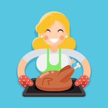 Fried Chicken Turkey Housewife With Baking Character Flat Design Vector Illustration