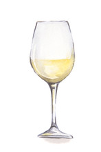 Watercolor White Wine Glass. Beautiful And Elegant Glass With Alcoholic Beverage. Art For Menu Decoration.