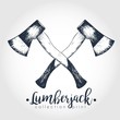 Vector hand drawn logo of two crossed axes. Lumberjack print collection. Vintage engraved art.